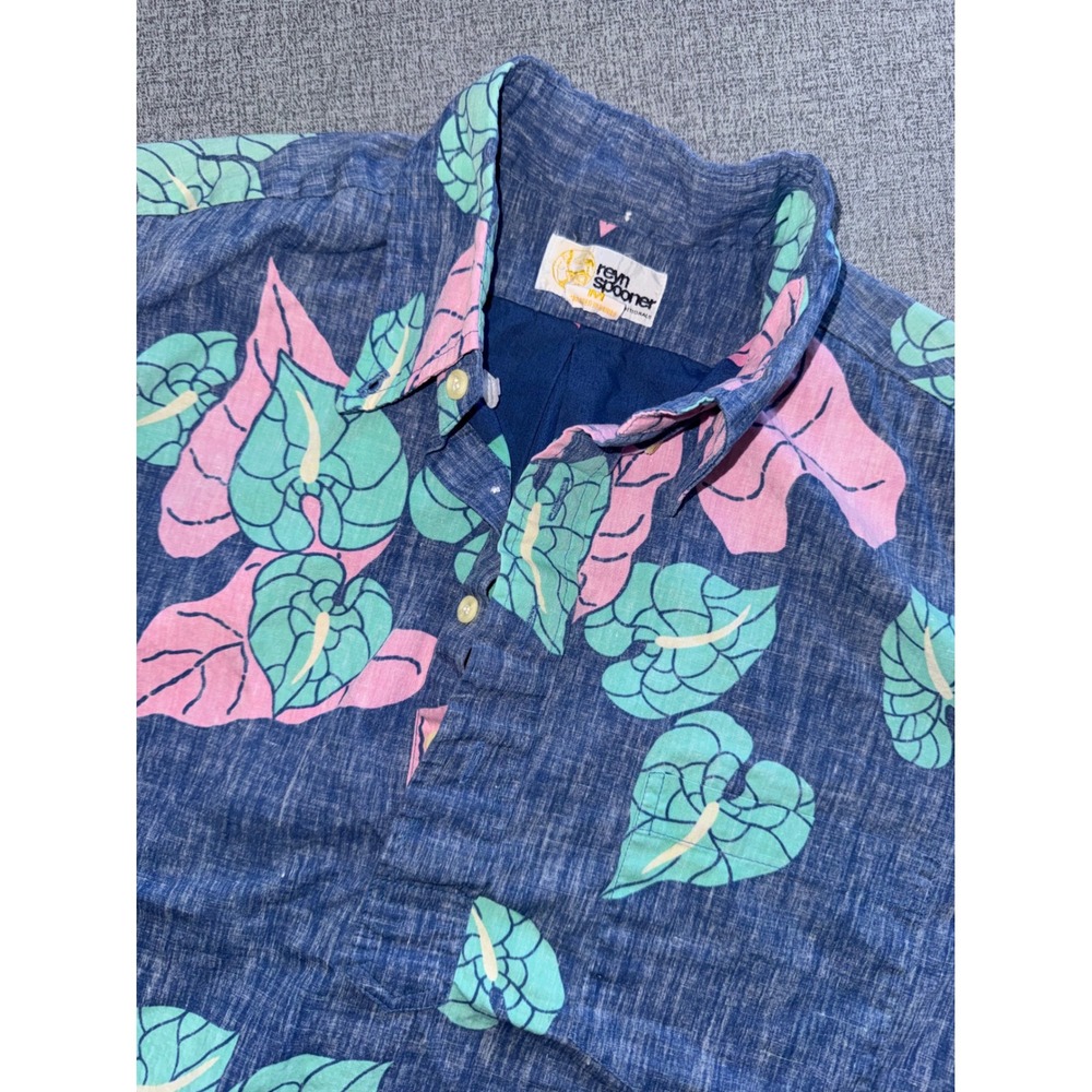Reyn Spooner Mens Blue Pink Anthurium Leaf Hawaiian Pullover Shirt Medium